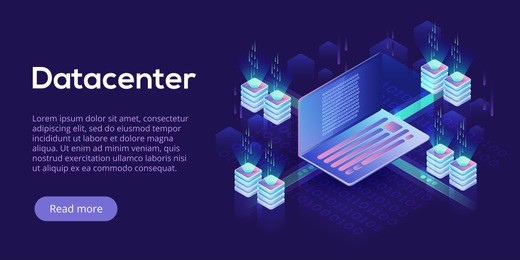 datacenter isometric vector illustration. abstract 3d hosting server or data center room background. network or mainframe infrastructure website header layout. computer storage or farming workstation.