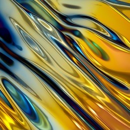 3d render, abstract background, gold holographic foil, iridescent wavy glass, cosmic texture, ripples, liquid surface, metallic reflection, esoteric aura. for creative projects: cover, fashion, web