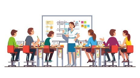 smiling teacher woman giving task to students studying and working on laptops in modern technology class room with desk and whiteboard. university lecture hall interior. flat vector illustration