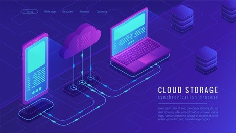 isometric cloud storage landing page concept. upload - download synchronization to cloud computing data storage with laptop and smartphone on ultra violet background. vector 3d isometric illustration.