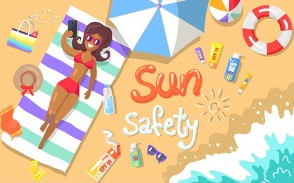 sun safety poster with inscription depicting seaside. vector illustration of woman lying on beach with various object scattered around her