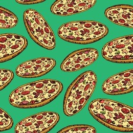 cartoon  pizza seamless pattern. traditional italian food.  endless hand drawn illustration. for menu design, fabric texture.
