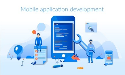 mobile application development process flat vector illustration. software api prototyping and testing background. smartphone interface building process, mobile app build