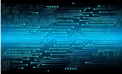 binary circuit board future technology, blue cyber security concept background, abstract hi speed digital internet.motion move blur. pixel vector