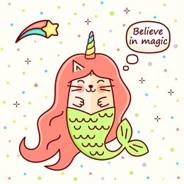 vector fun magic cartoon cat mermaid and unicorn. line style bright cilored cute kitty with corn or catcorn, illustration for baby and child. "believe in magic" lettering on white background.