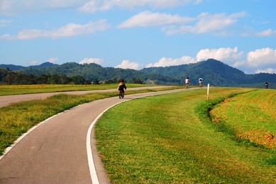 people is  ride bicycle on bicycle lane in the parks with cloud blue sky at singha park ,  chiang rai , thailand