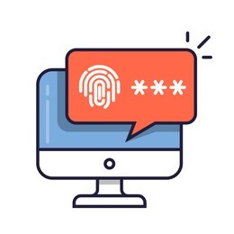 desktop computer with unlocked via fingerprint password bubble notification. line cartoon design or pc screen with finger print and password field image.
