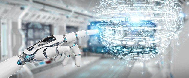 white robot hand on blurred background using digital globe hud interface 3d rendering