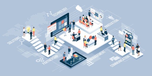 isometric virtual office with business people working together and mobile devices: business management, online communication and finance concept
