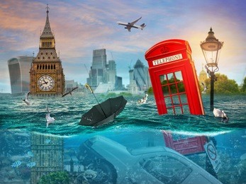 drowning london. surreal conceptual artwork. photo manipulation. an idea for your cover, advertising, illustration.