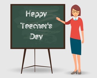 happy teacher's day. teacher at the lesson in front of the board in the classroom. the teacher is pointing at the board. vector eps10 illustration