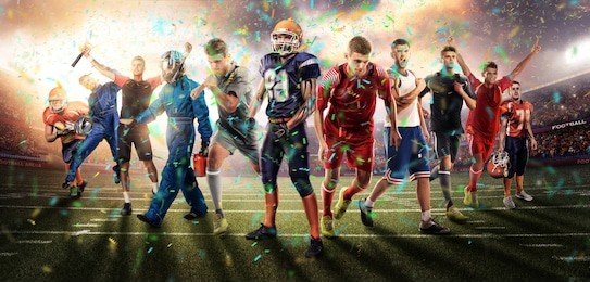successful football, soccer, basketball, baseball, tennis players, cars, boxing fighters on professional 3d basketball court arena in lights with confetti, serpantine and smoke. collage, multi ,sport