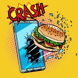 online food delivery concept, burger and smartphone. pop art retro vector illustration comic cartoon kitsch drawing