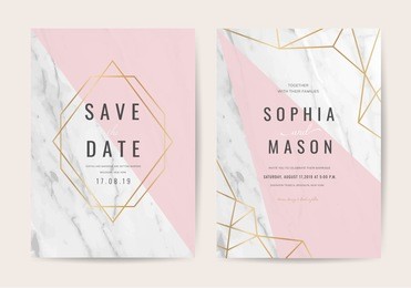luxury wedding invitation cards with gold marble texture and geometric pattern vector design template