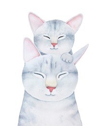 fluffy cat and kitten family characters illustration. smiling cheerful faces, closed eyes, funny noses, grey pastel colours. hand painted watercolour graphic painting on white background, isolate.