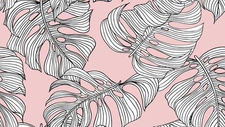 floral seamless pattern, black and white split-leaf philodendron plant on pink background, line art ink drawing