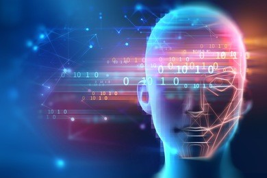 3d illustration of robotic human head with graphic element face represent artificial intelligence and machine learning concept