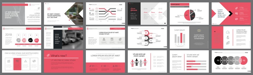black and pink marketing or research concept infographics set. business design elements for presentation slide templates. for corporate report, advertising, leaflet layout and poster design.