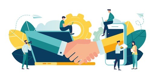 online conclusion of the transaction. the opening of a new startup. business handshake, via phone and laptop. vector illustration in a flat style investor holds money in ideas online.