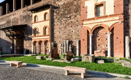 inside the sforza castel (castello sforzesco), milan, italy. this castle was built in the 15th cent by francesco sforza, duke of milan. castel of the renaissance is one of the main landmarks of milan.