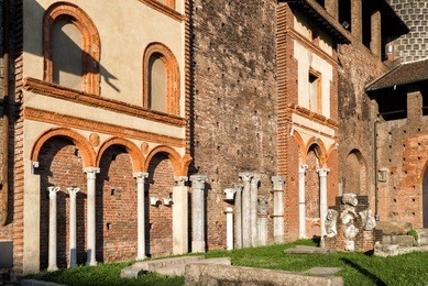 sforza castel (castello sforzesco), milan, italy. this castle was built in the 15th century by francesco sforza, duke of milan. sforza castel of the renaissance is one of the main landmarks of milan.