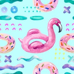watercolor seamless pattern with cartoon pool floats in minimal style. water color flamingo pool float, donut lilo floating on 80s 90s background. hand painted summer holiday illustration