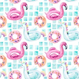 watercolor seamless pattern with summer pool floats in cartoon style. water color flamingo, unicorn pool float, ring donut lilo floating in blue swimming pool. hand painted summer holiday illustration