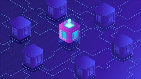 isometric blockchain technology concept. network, e-commerce, bitcoin trading, global cryptocurrency blockchain data transfer illustration on ultraviolet background. vector 3d isometric illustration.