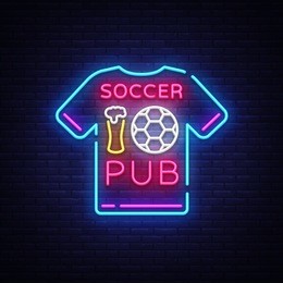 soccer pub neon sign vector. football pub logo neon, t-shirt concept, light signboard, bright billboard, night neon advertising, sports bar, pub, dining room, football online, fan club. vector