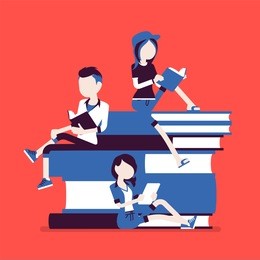 students on book pile. group of happy young people enjoy reading, devoted to study, sitting on giant books, bibliophile, bookworm. science, education concept. vector illustration, faceless characters