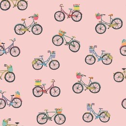 romantic bicycles with a flower baskets in pastel colours. vector doodle hand drawn seamless pattern.