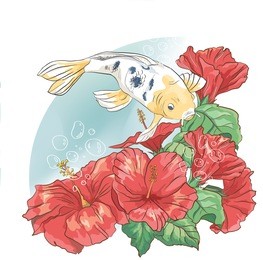 beautiful floral composition with exotic blooms hibiscus  and koi fish