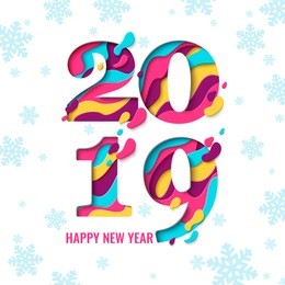 2019 happy new year paper craft holiday background with snowflakes pattern. vector winter holiday greeting card with paper cut numbers 2019 design for seasonal flyers, banners, posters.