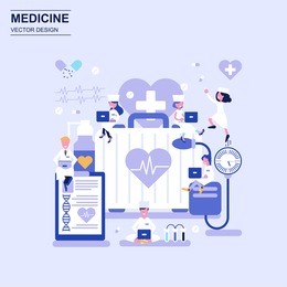medicine and healthcare flat design concept blue style with decorated small people character. conceptual vector illustration for web design, marketing, graphic design.