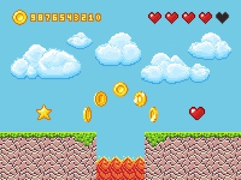 video pixel game landscape with gold coins, white clouds and red hearts vector illustration. game and videogame, activity entertainment lifestyle