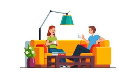 content man and woman sitting on sofa at coffee table, drinking and relaxing. home living room or office waiting room interior design. decoration and furniture. flat style vector illustration