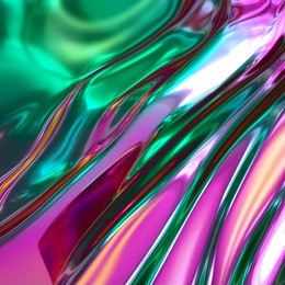 3d render, abstract liquid texture, glass background, trendy colorful holographic foil, pink green neon colors, graphic design. for creative projects: book cover, fashion print, gift card, web texture