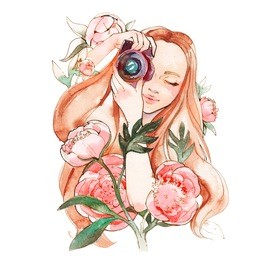 girl with a camera in peony flowers on a white background, watercolor