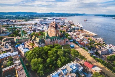 quebec city boardwalk and old port, aerial view, quebec, canada.