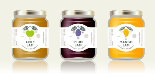 three labels fruit jam. mango, apple, plum jam labels and packages. three packaging. premium design. the flat original illustrations and texts on the minimalist labels on the jars with caps.
