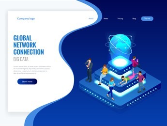 isometric social network, technology, networking and internet concept. global network connection, global datas exchanges over the globe, big data. vector illustration.