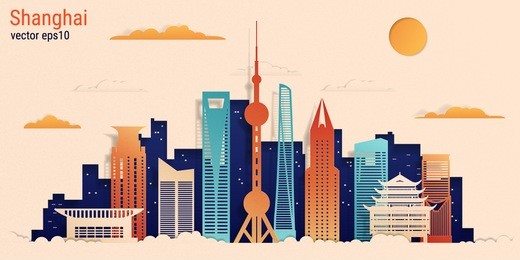 shanghai city colorful paper cut style, vector stock illustration. cityscape with all famous buildings. skyline shanghai city composition for design 