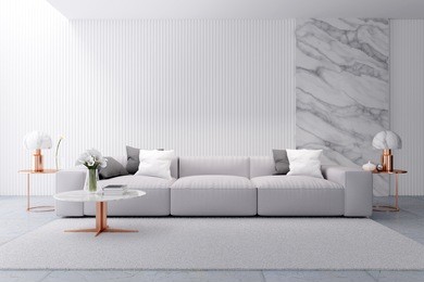 modern luxury white  living room interior design, white sofa with marble wall ang rose gold table,3d rendering