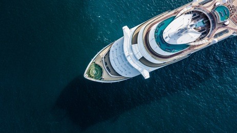 aerial view large cruise ship at sea, passenger cruise ship vessel sailing across the gulf of thailand.