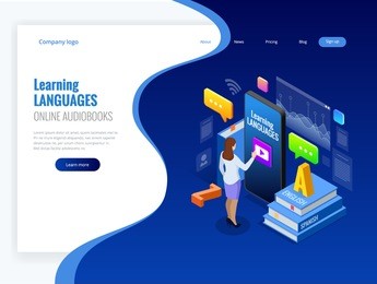 isometric online language learning interface and teaching concept. online language school lifestyle. education concept. vector illustration