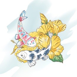 beautiful floral composition with exotic blooms hibiscus and koi fish