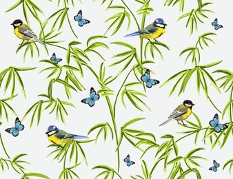 colorful  hand drawn floral seamless pattern with bamboo, sakura, tropical flowers, japanese roses, peony flowers, hummingbirds, butterflies. vector vintage traditional folk fashion illustration ornam