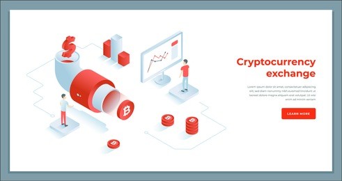 cryptocurrency exchange and blockchain isometric composition. infographics vector illustration.