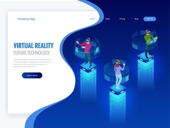 isometric men and a woman wearing goggle headset with touching vr interface. into virtual reality world. future technology.