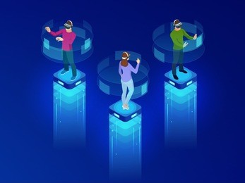 isometric men and a woman wearing goggle headset with touching vr interface. into virtual reality world. future technology